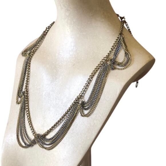 Vintage Multi Strand Contrasting Gold And Dark Silver Tones Necklace Grunge Glam - Picture 6 of 8